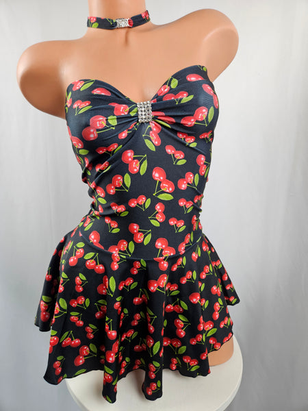 Cherry Print Strapless Mini Dress w/ Matching Choker