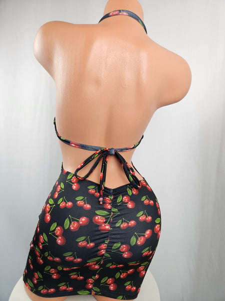 Cherry Print Drawstring Mini Dress w/ Lace Accent