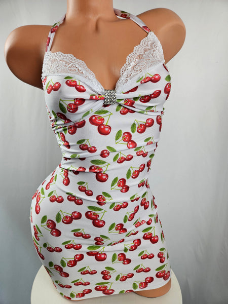 Cherry Print Drawstring Mini Dress w/ Lace Accent
