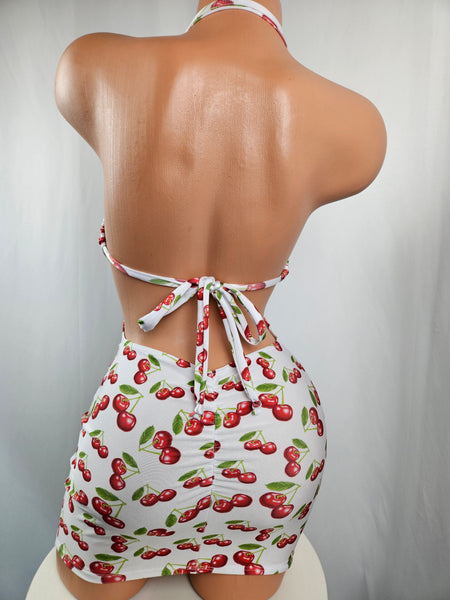 Cherry Print Drawstring Mini Dress w/ Lace Accent