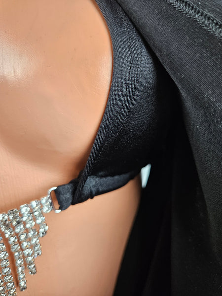 Black Draped Cowl Gown w/ Rhinestone Accent