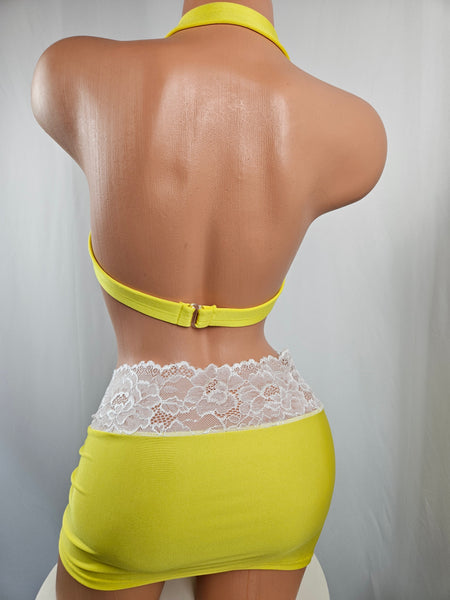 Yellow & White Lace Shirred Skirt Set
