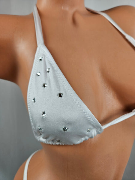White Rhinestone Thong Bikini