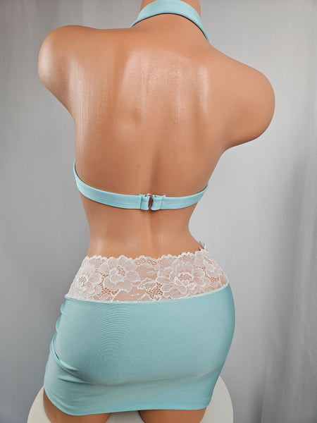 Aqua & White Lace Shirred Skirt Set