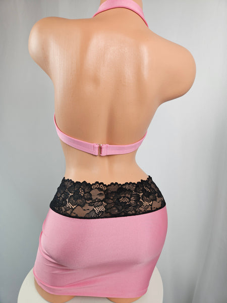 Pink & Black Lace Shirred Skirt Set