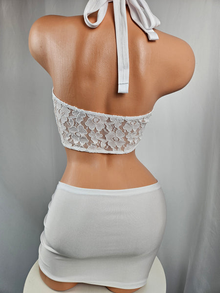 White Lace Wrap Top Shirred Skirt Set
