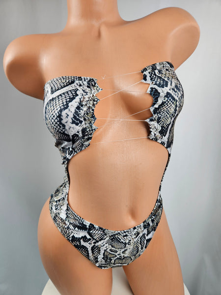 Strapless Cut Out Snake Print Romper