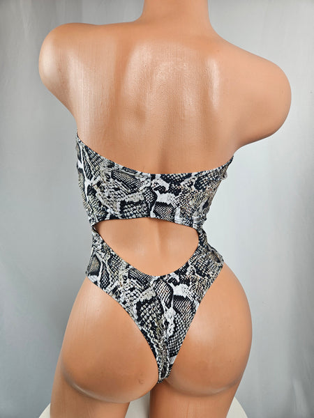 Strapless Cut Out Snake Print Romper