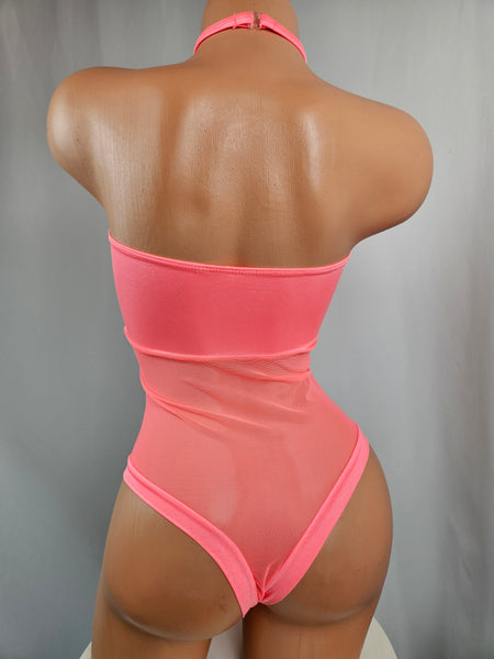 Coral Mesh Strapless Thong Back Romper w/ Matching Choker