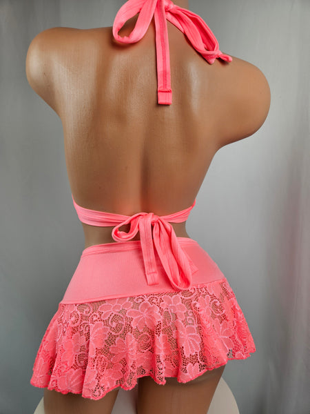 3 Piece Coral Lace Skirt Set