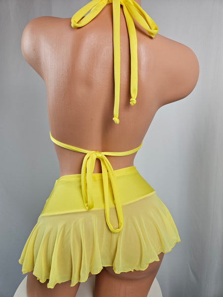 3 Piece Yellow Mesh Skirt Set