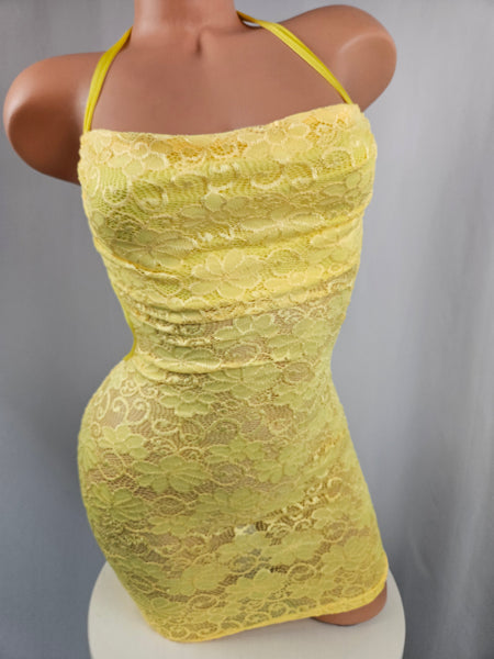 Yellow Lace Drawstring Mini Dress
