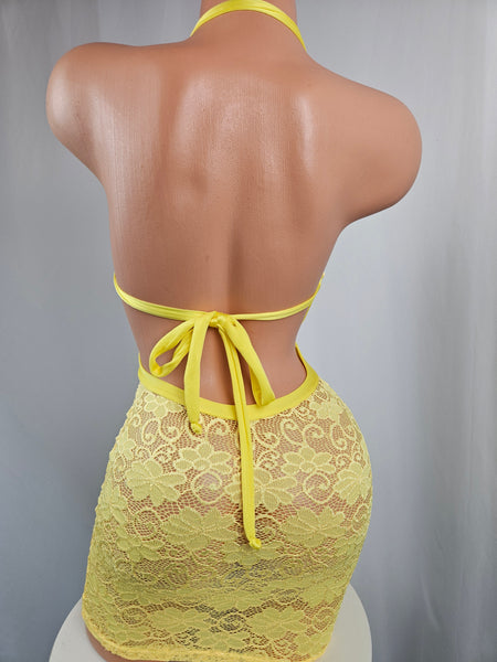 Yellow Lace Drawstring Mini Dress