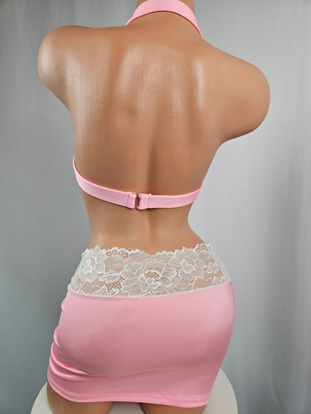 Pink & White Lace Shirred Skirt Set
