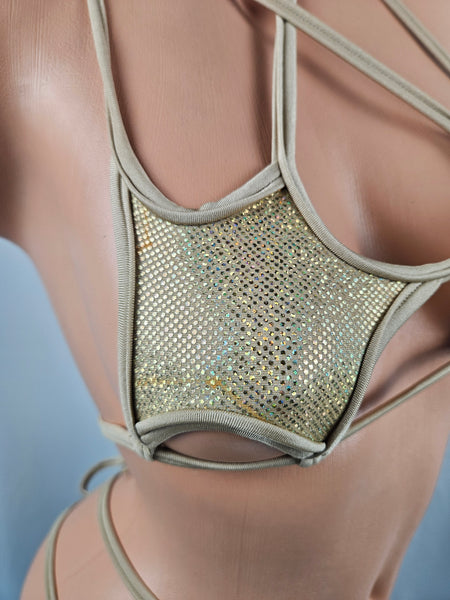 Gold & Beige Strappy Star Thong Bikini