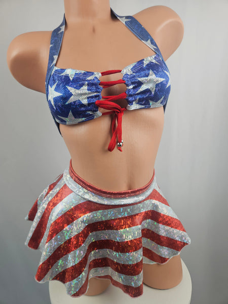 3 Piece Holographic Stars & Stripes Skirt Set