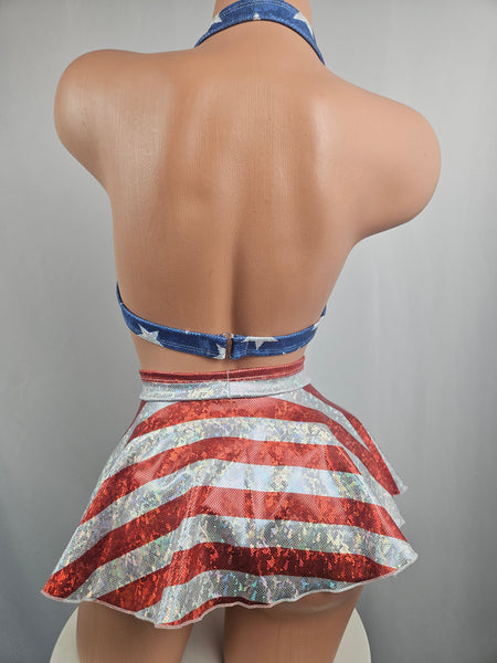 3 Piece Holographic Stars & Stripes Skirt Set