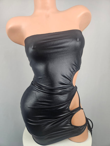Black Wet Look Lace Up Side Strapless Mini Dress