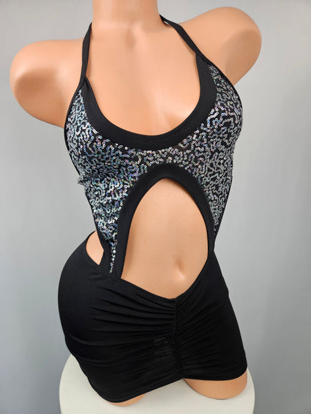 Black & Silver Sequin Cut Out Mini Dress