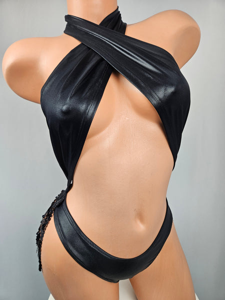 Wet Look Wrap Top Monokini w/ Sequin Fringes