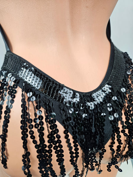 Wet Look Wrap Top Monokini w/ Sequin Fringes