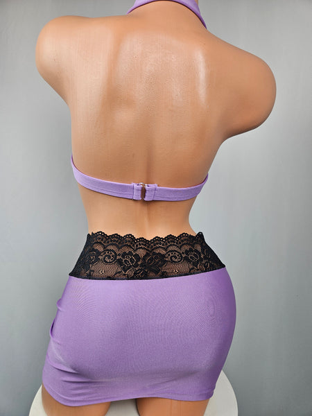 Lavender & Black Lace Shirred Skirt Set