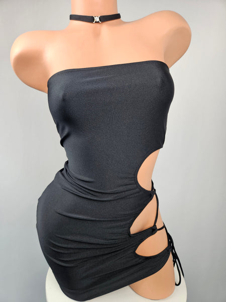 Black Lace Up Side Strapless Mini Dress w/ Matching Choker