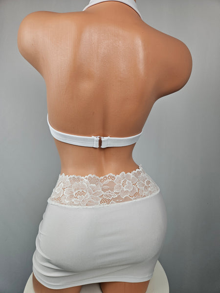 White Lace Shirred Skirt Set