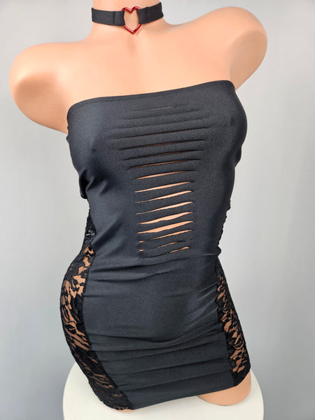 Black Strapless Mini Dress w/ Lace Panels