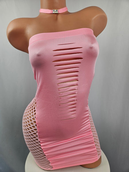 Baby Pink Strapless Slash Mini Dress w/ Net Panels & Matching Choker