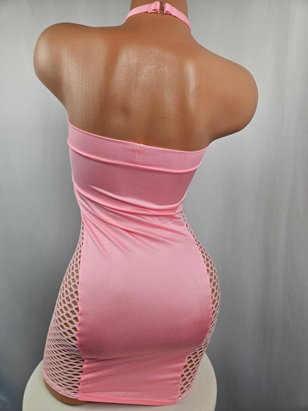 Baby Pink Strapless Slash Mini Dress w/ Net Panels & Matching Choker