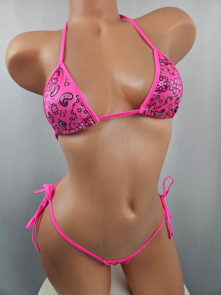 Pink Paisley Tie Side Thong Bikini