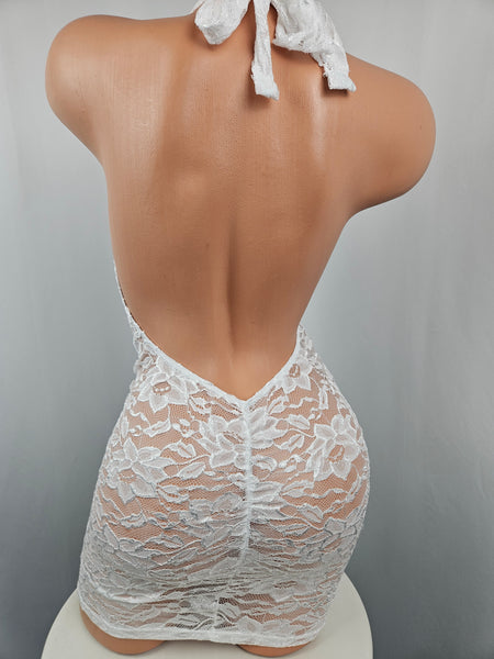 White Lace Plunge Mini Dress