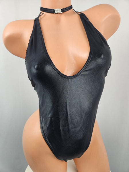 Black Wet Look String Back Monokini w/ Choker