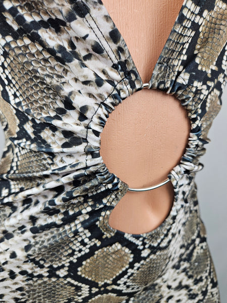 Snake Print Plunge Ring Mini Dress