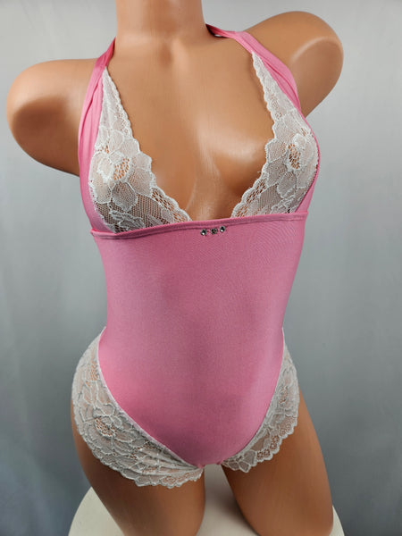 Pink Romper w/ White Lace Accents