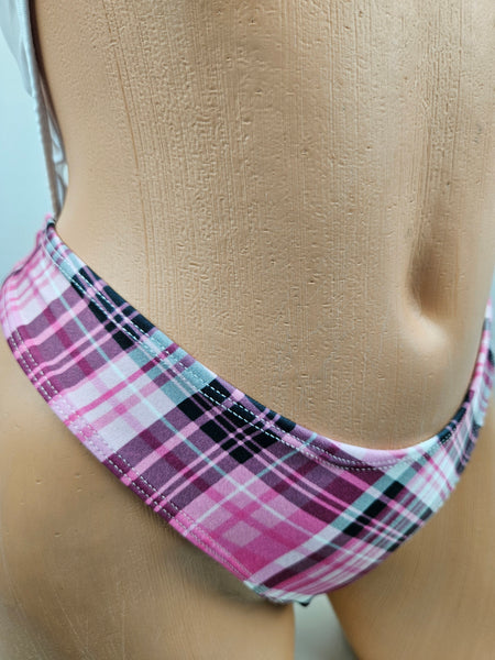 White & Pink Plaid Cut Out Monokini w/ Matching Choker