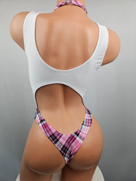 White & Pink Plaid Cut Out Monokini w/ Matching Choker