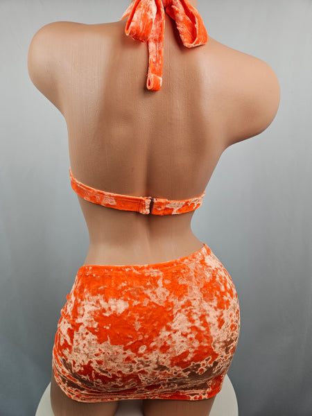 Orange Crushed Velvet Skirt Set