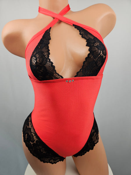 Red Romper w/ Black Lace Accents