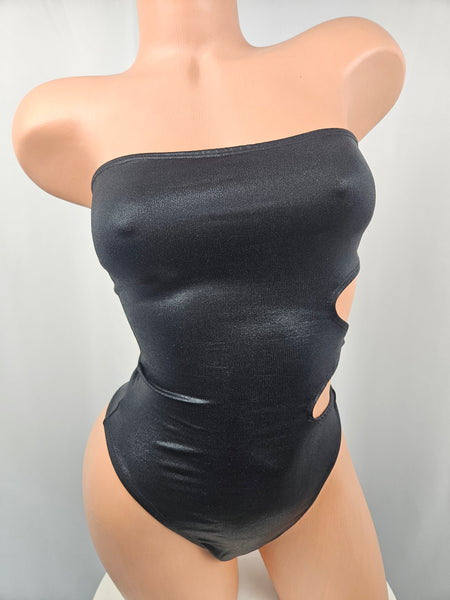 Strapless Black Wet Look Double Ring Romper