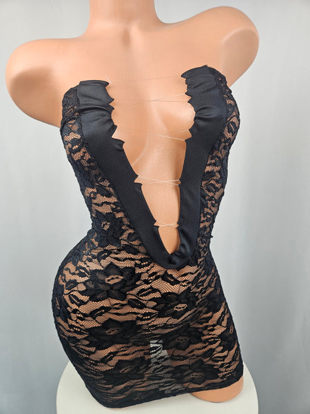 Black Lace Strapless Mini Dress