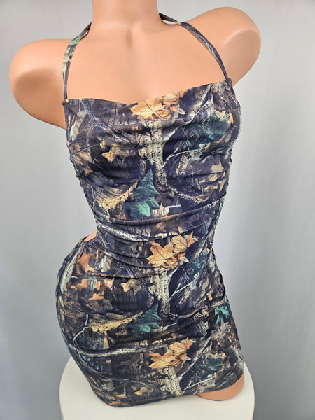 Camo Drawstring Halter Mini Dress
