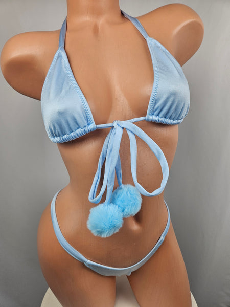 Tie Front Thong Bikini w/ Pom Poms