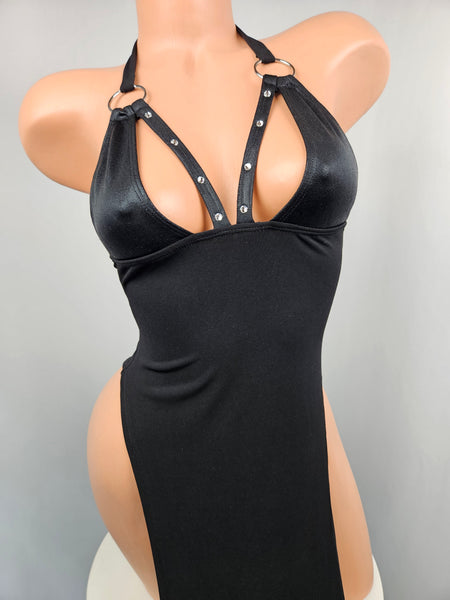 Black High Cut Gown w/ Wet Look Triangles