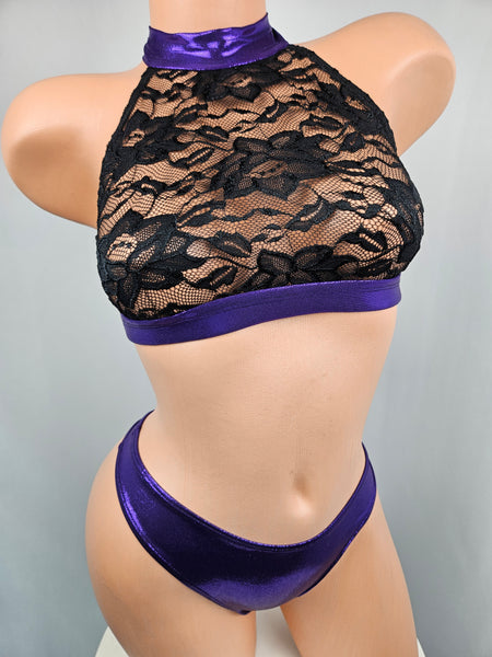 Metallic Purple & Black Lace Halter Top Thong Bikini