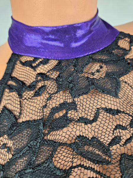 Metallic Purple & Black Lace Halter Top Thong Bikini