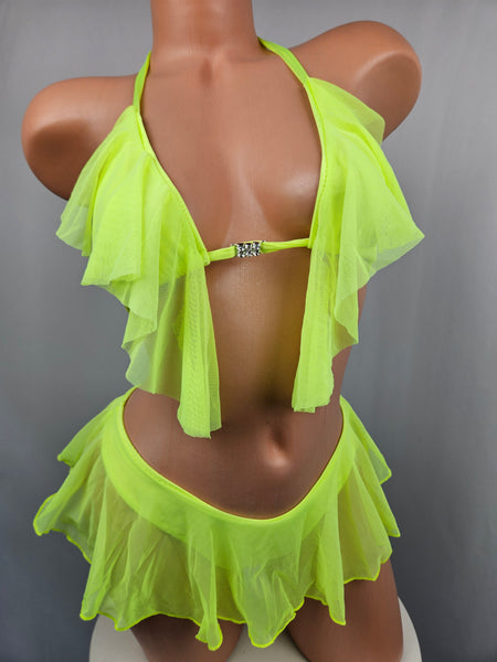 Neon Yellow Ruffle Thong Bikini