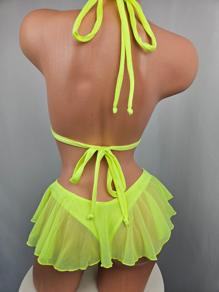 Neon Yellow Ruffle Thong Bikini