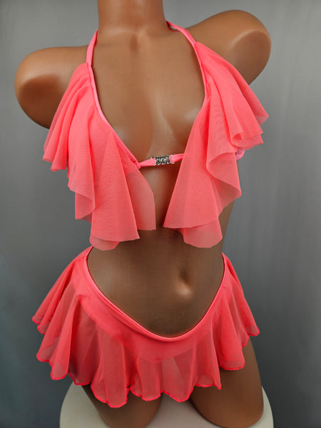 Coral Ruffle Thong Bikini